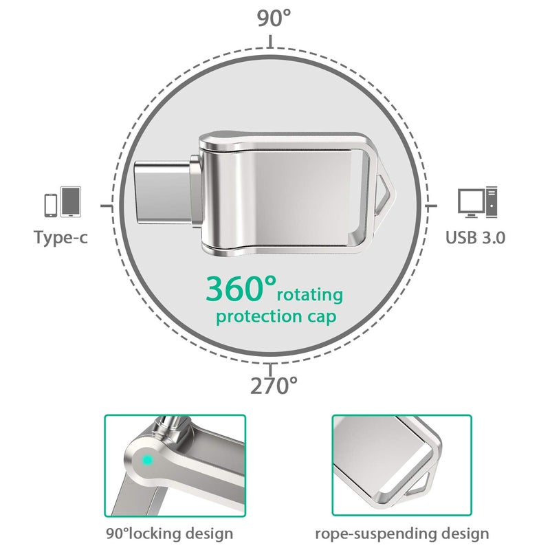 KALSAN Type C USB Flash Drive 64GB 2 in 1 USB Sticks OTG Type C+ USB 3.0 Dual Drive Waterproof Memory Stick with Keychain Metal-Silver Color - Image 4
